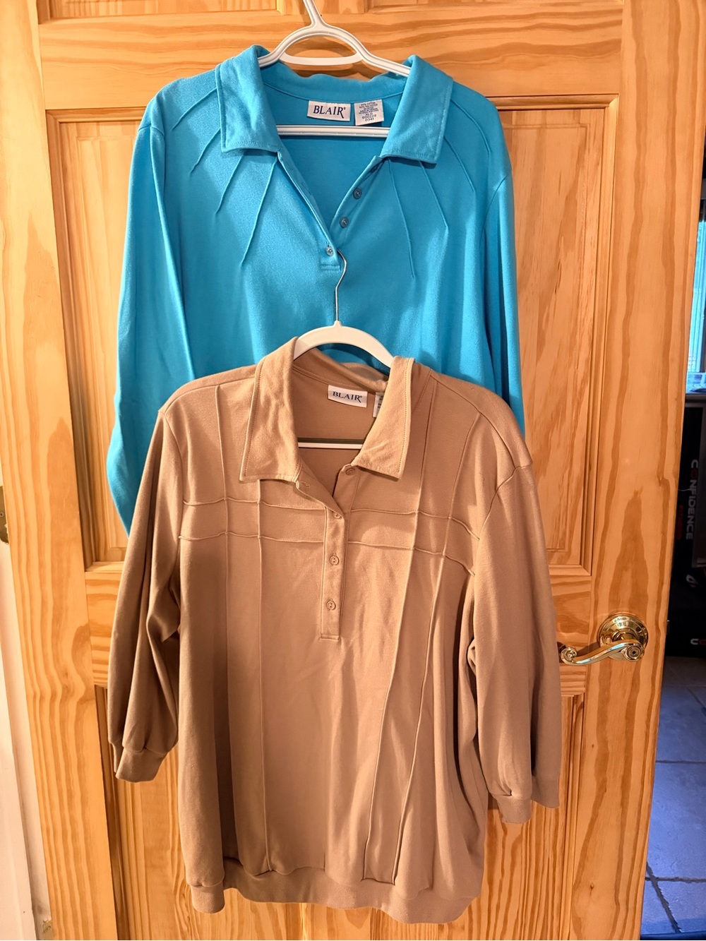 Blair Two-Pack Collared Long Sleeve Tops in Turquoise and Tan
